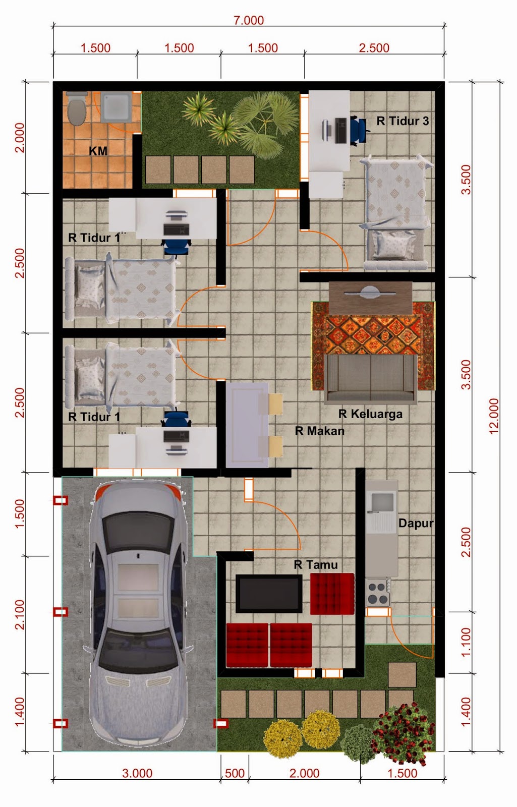 gambar denah rumah 6x12 meter